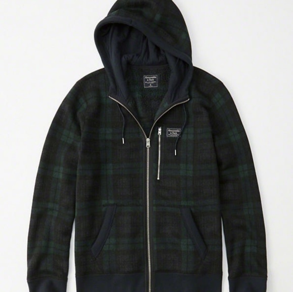 A&F Blue and green plaid fleece zip-up hoodie - Picture 1 of 3